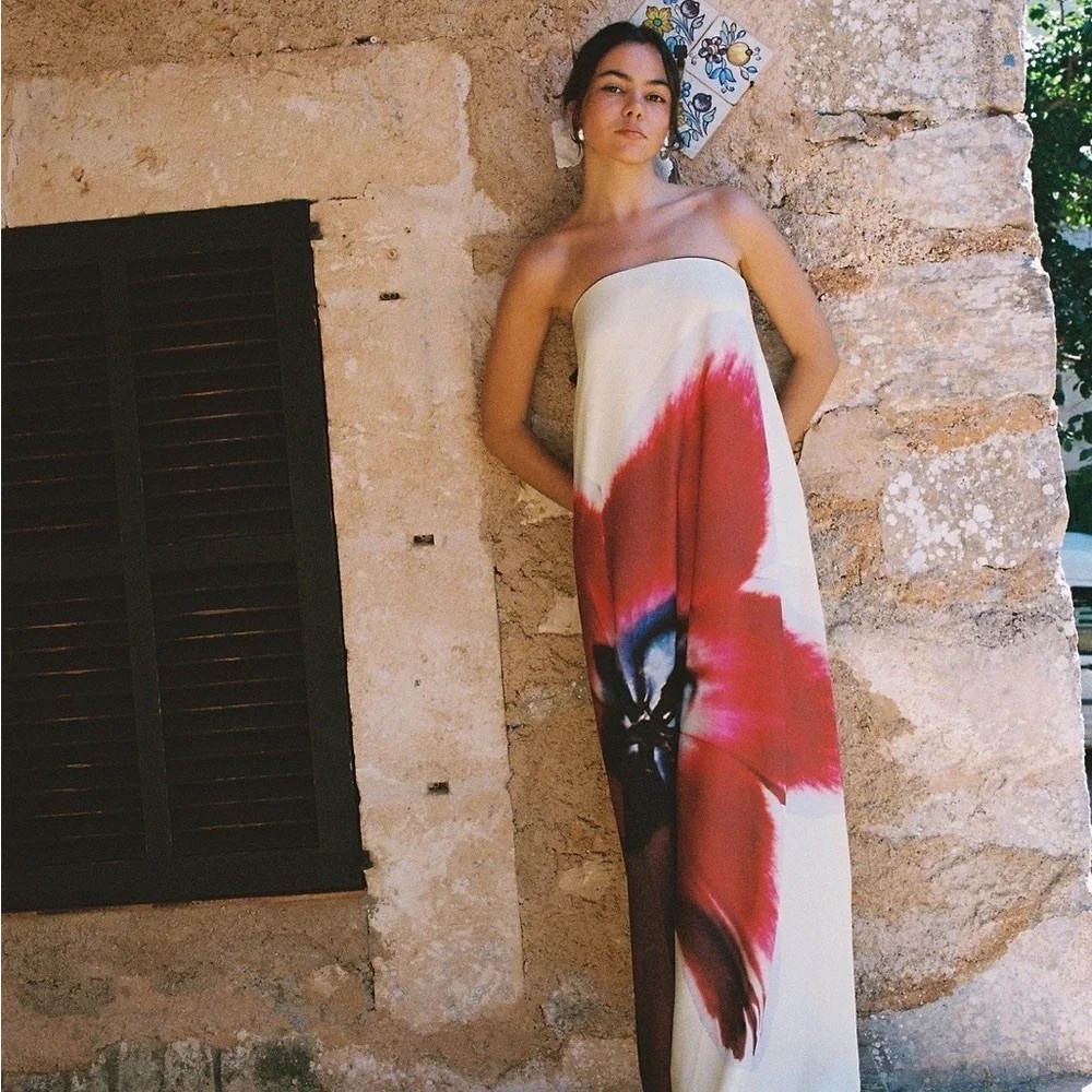 Chic Strapless Floral Print Maxi Dress